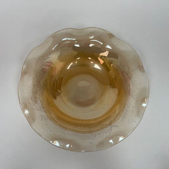 Jeannette Glass Fluted Bowl Marigold Ruffled Edge Floral 9 5/8" across - Picture 2 of 6